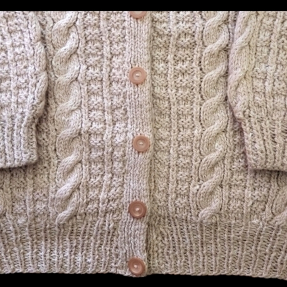 Handmade Cable Knit Long Slouchy Fuzzy Wool Cardigan Ribbed Cuffs Oatmeal Color - Picture 3 of 13
